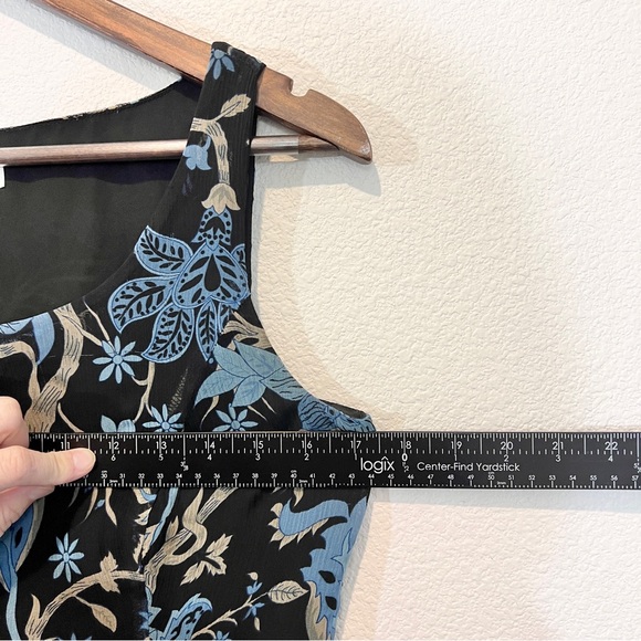 100% Silk Floral Midi Dress Black Blue Sheer Overlay Size 4 - Picture 7 of 13